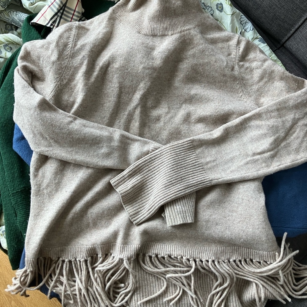 Women's Beige Turtleneck Sweater with Fringe